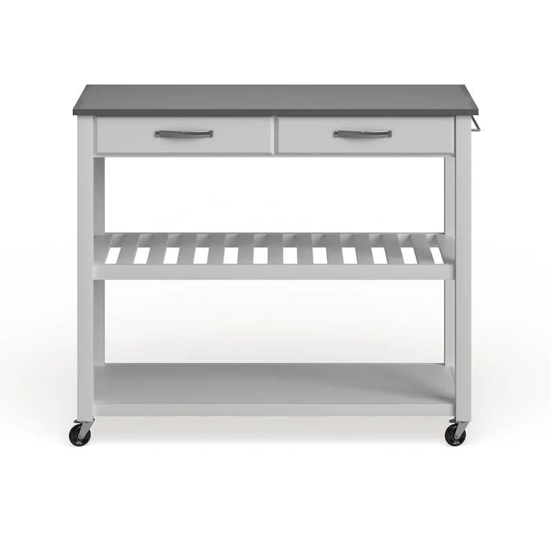 Îlot de cuisine en bois blanc/acier inoxydable – 17p x 43l x 35h