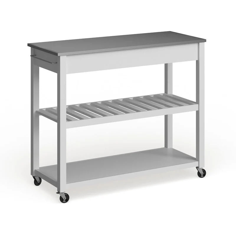 Îlot de cuisine en bois blanc/acier inoxydable – 17p x 43l x 35h