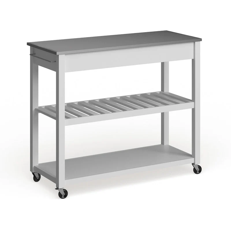 Îlot de cuisine en bois blanc/acier inoxydable – 17p x 43l x 35h