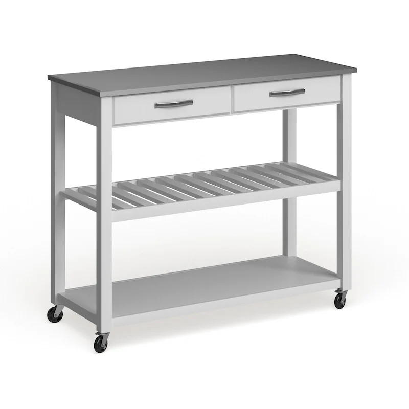 Îlot de cuisine en bois blanc/acier inoxydable – 17p x 43l x 35h