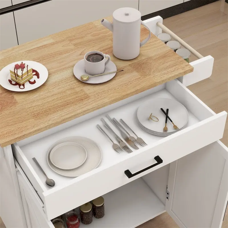 Desserte de cuisine roulante avec étagères réglables, plateau en bois