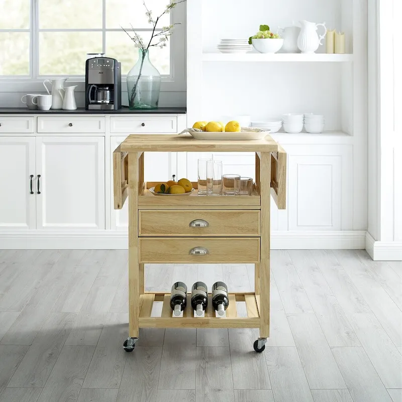 Chariot de cuisine rabattable à deux rallonges, naturel - 15,13p x 45l x 35,25h