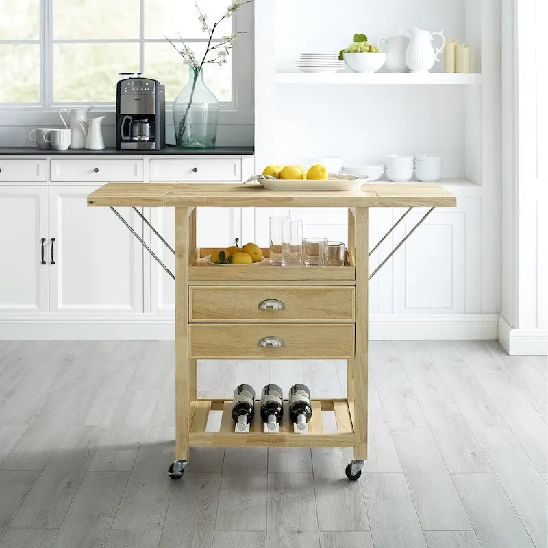 Chariot de cuisine rabattable à deux rallonges, naturel - 15,13p x 45l x 35,25h