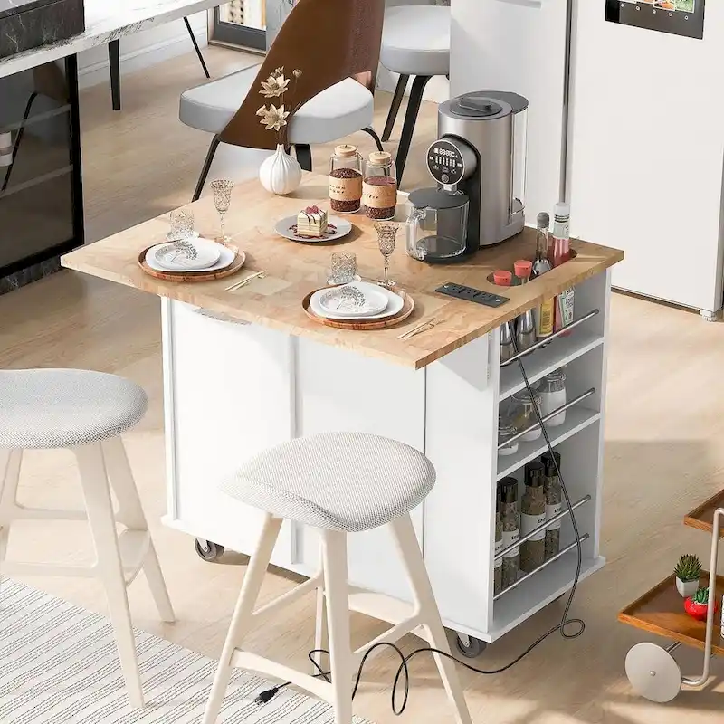47 Chariot de cuisine moderne avec prise électrique, îlot de cuisine en bois d'hévéa avec abattant et meuble de rangement réglable