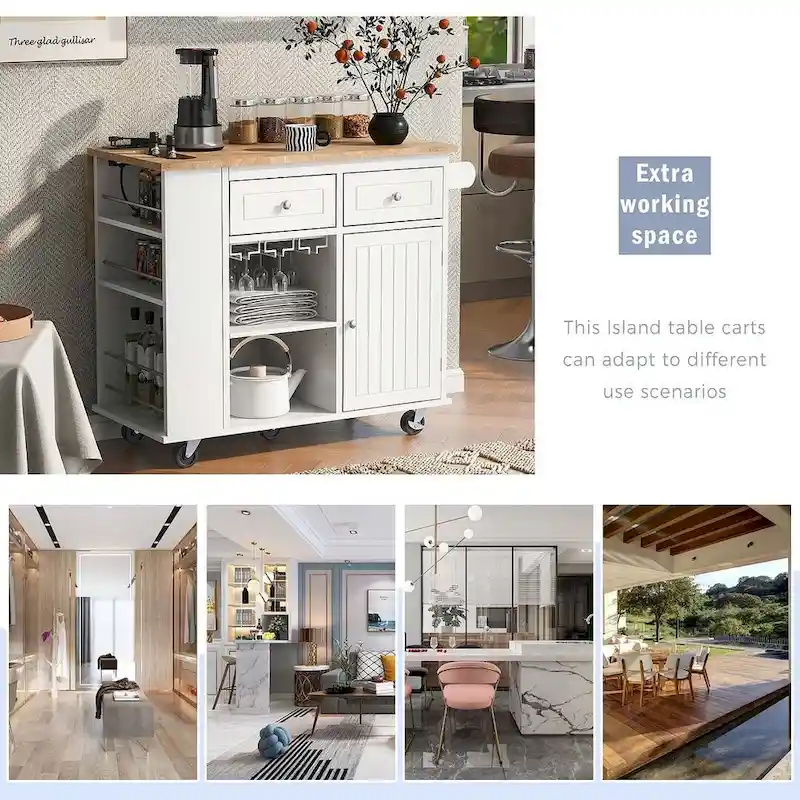 47 Chariot de cuisine moderne avec prise électrique, îlot de cuisine en bois d'hévéa avec abattant et meuble de rangement réglable
