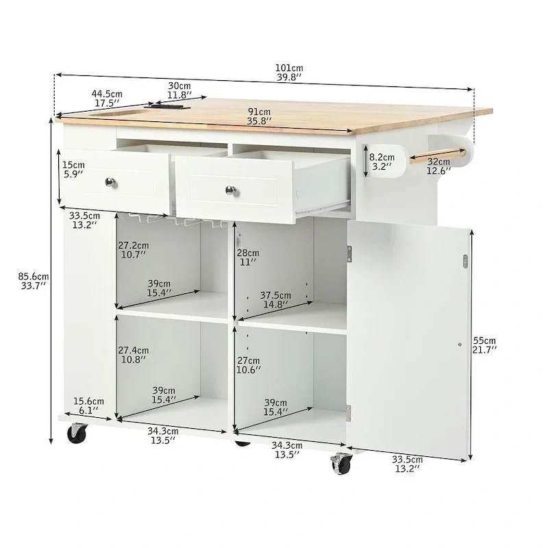 47 Chariot de cuisine moderne avec prise électrique, îlot de cuisine en bois d'hévéa avec abattant et meuble de rangement réglable