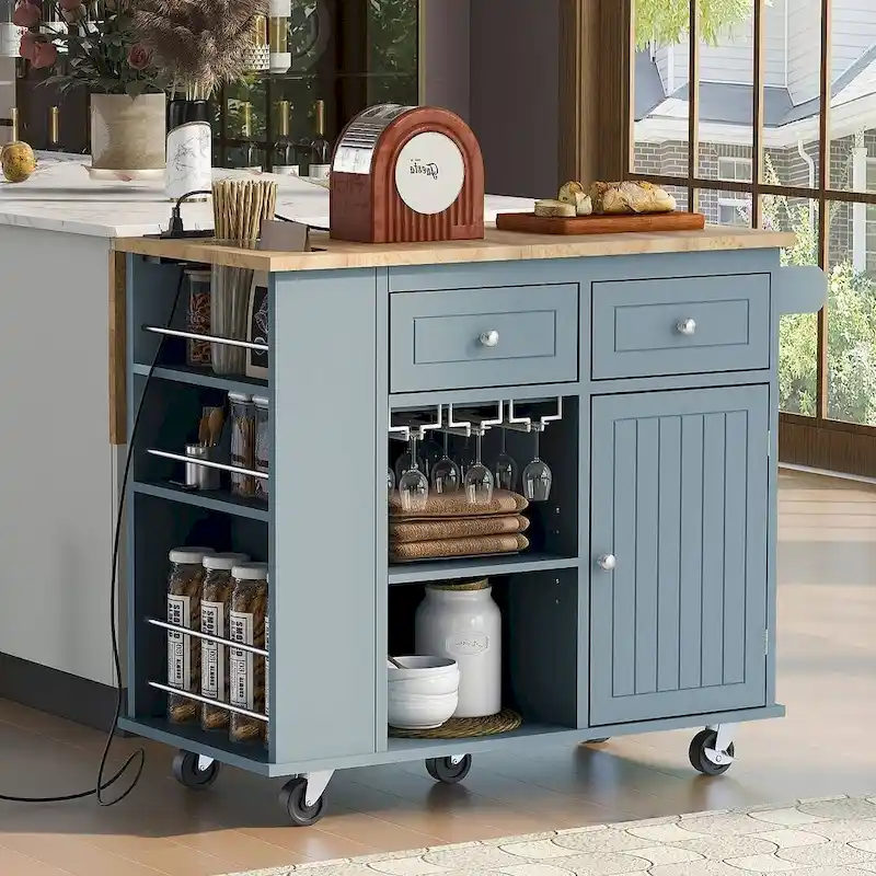 47 Chariot de cuisine moderne avec prise électrique, îlot de cuisine en bois d'hévéa avec abattant et meuble de rangement réglable