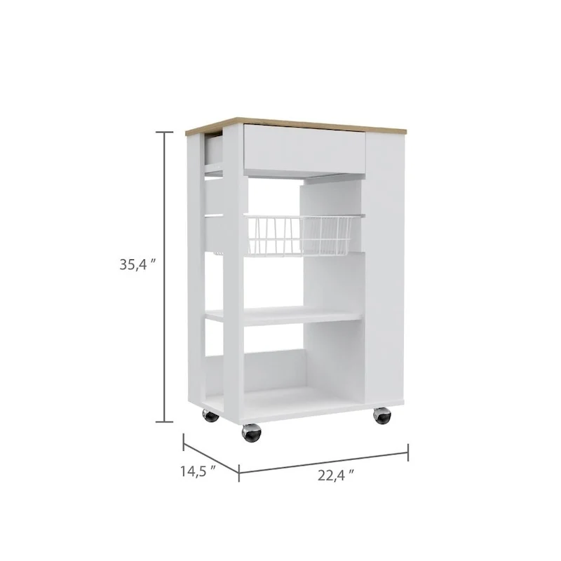 Chariot de cuisine blanc et chêne clair à 5 étagères et 1 tiroir