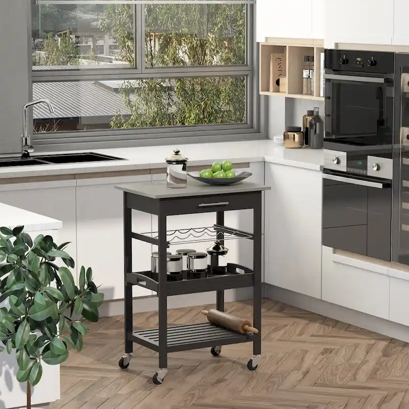 Desserte de cuisine roulante avec plateau en acier inoxydable, casier à vin et tiroir