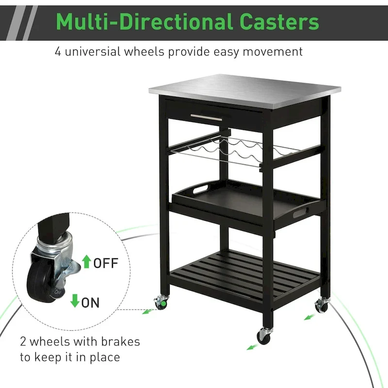 Desserte de cuisine roulante avec plateau en acier inoxydable, casier à vin et tiroir