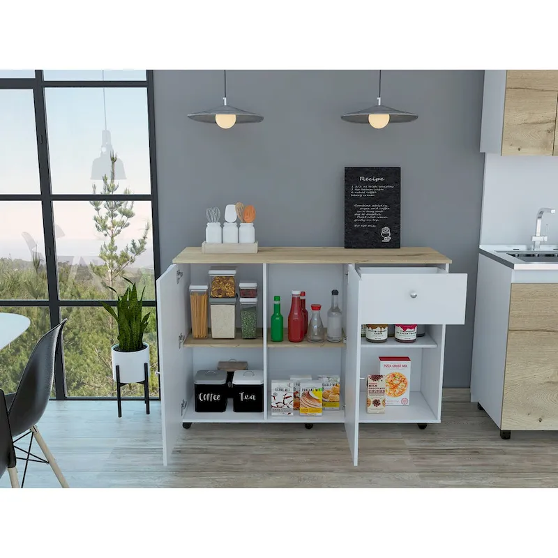 Îlot de cuisine blanc et pin avec 2 tiroirs et 2 étagères
