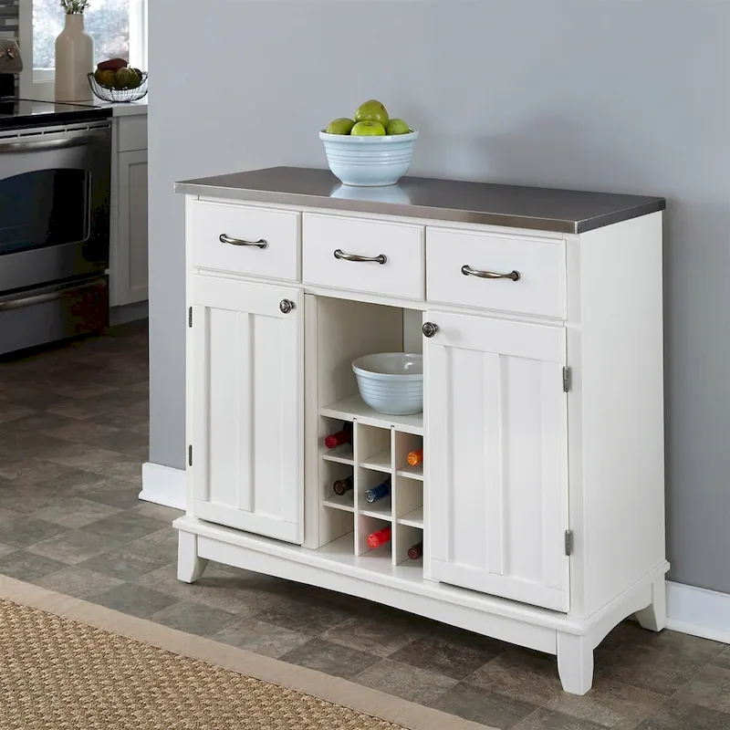 Meuble de Rangement/Dessert de Cuisine avec Plateau en Acier Inoxydable, Casier à Vin Intégré, Blanc - 41.75W x 17D x 36.25H
