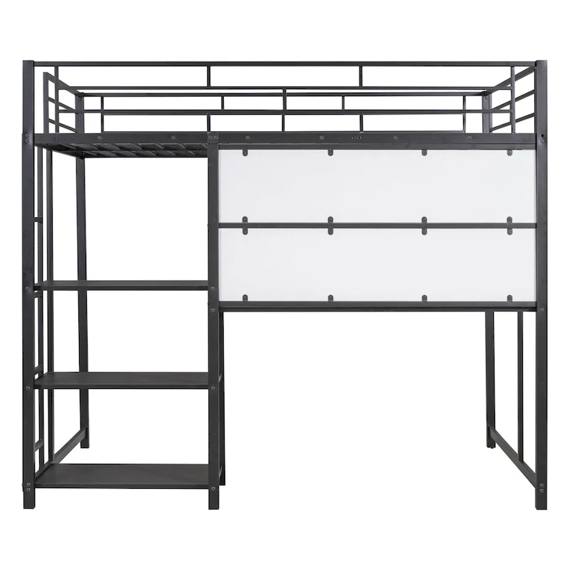 Lit mezzanine pleine grandeur avec bureau et tableau blanc, lit mezzanine en métal avec 3 étagères et échelle, noir