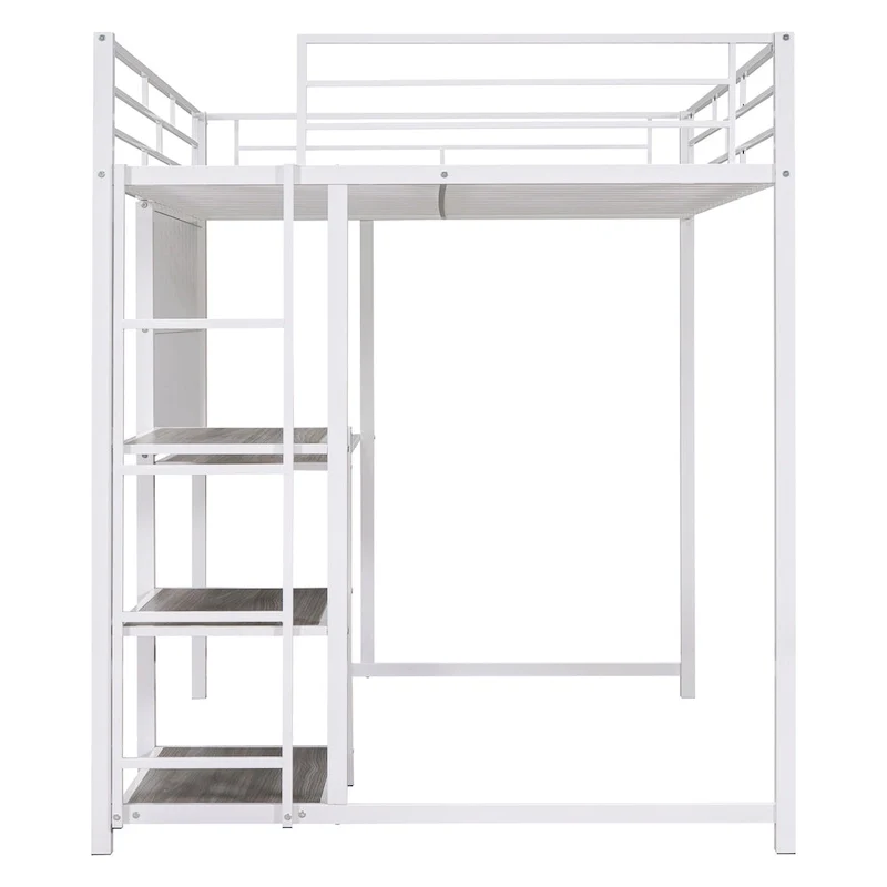 Lit mezzanine pleine grandeur avec bureau et tableau blanc, lit mezzanine en métal avec 3 étagères et échelle, noir