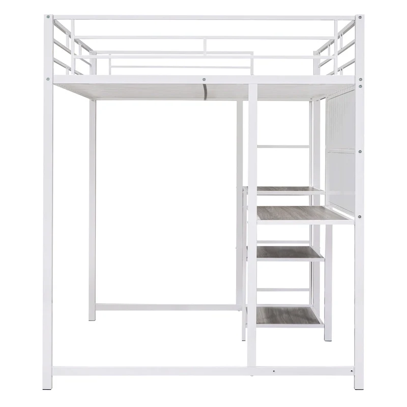 Lit mezzanine pleine grandeur avec bureau et tableau blanc, lit mezzanine en métal avec 3 étagères et échelle, noir