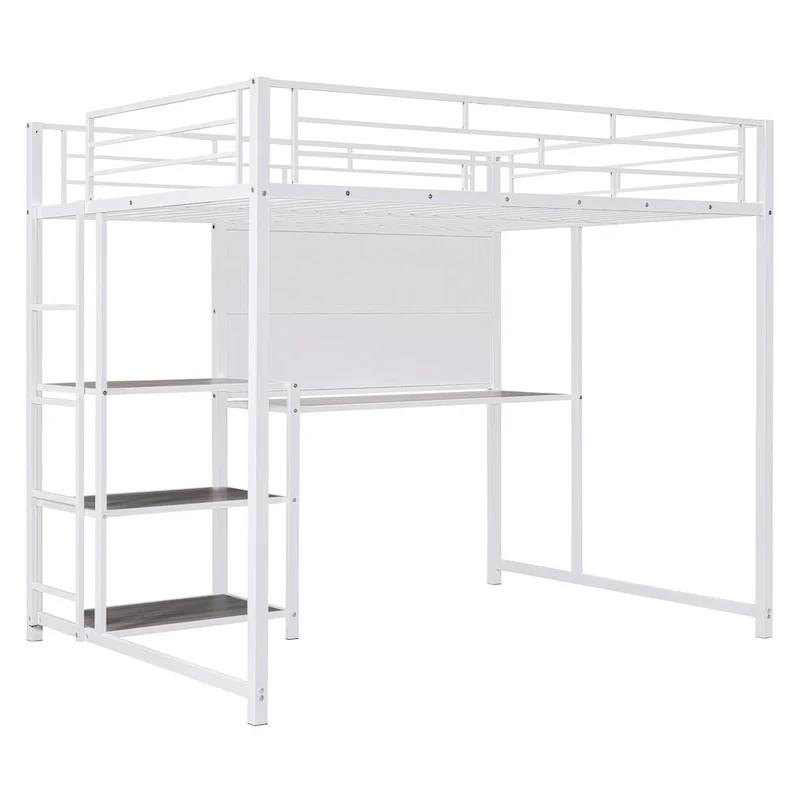 Lit mezzanine pleine grandeur avec bureau et tableau blanc, lit mezzanine en métal avec 3 étagères et échelle, noir