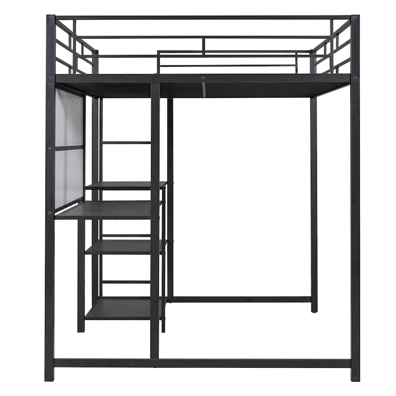 Lit mezzanine pleine grandeur avec bureau et tableau blanc, lit mezzanine en métal avec 3 étagères et échelle, noir