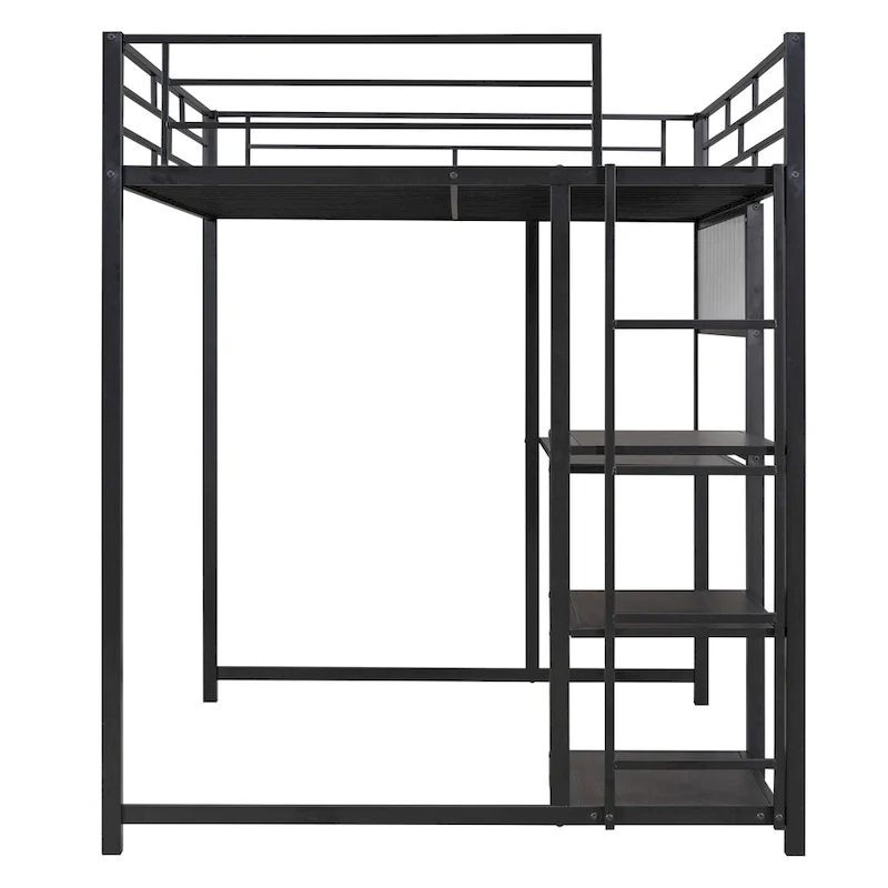 Lit mezzanine pleine grandeur avec bureau et tableau blanc, lit mezzanine en métal avec 3 étagères et échelle, noir