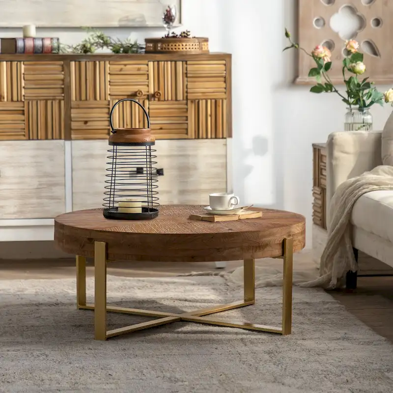 Table basse ronde à épissure rétro moderne, table basse simple avec plateau en bois de sapin et pieds croisés dorés, pour salon