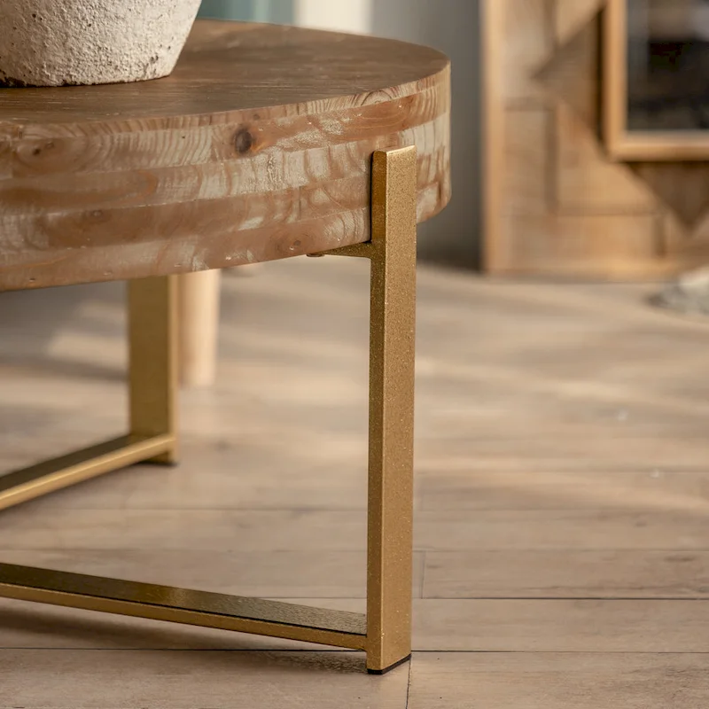 Table basse ronde à épissure rétro moderne, table basse simple avec plateau en bois de sapin et pieds croisés dorés, pour salon