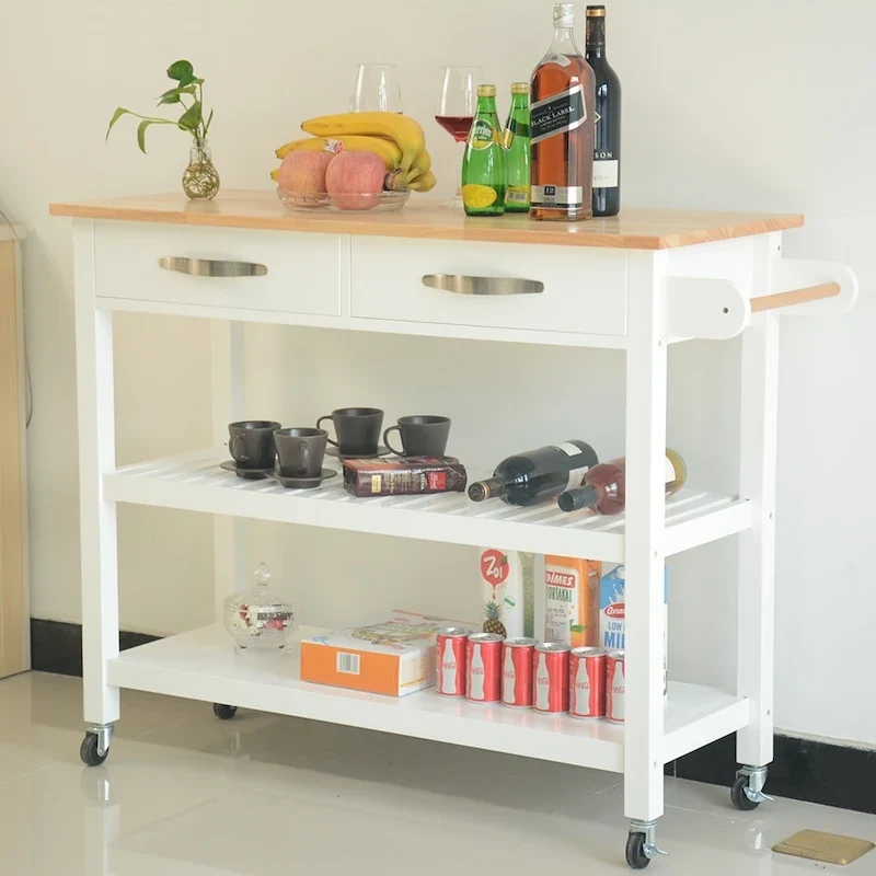 Desserte îlot de cuisine à roulettes, avec 2 tiroirs et étagères ouvertes – 114 x 43 x 89 cm