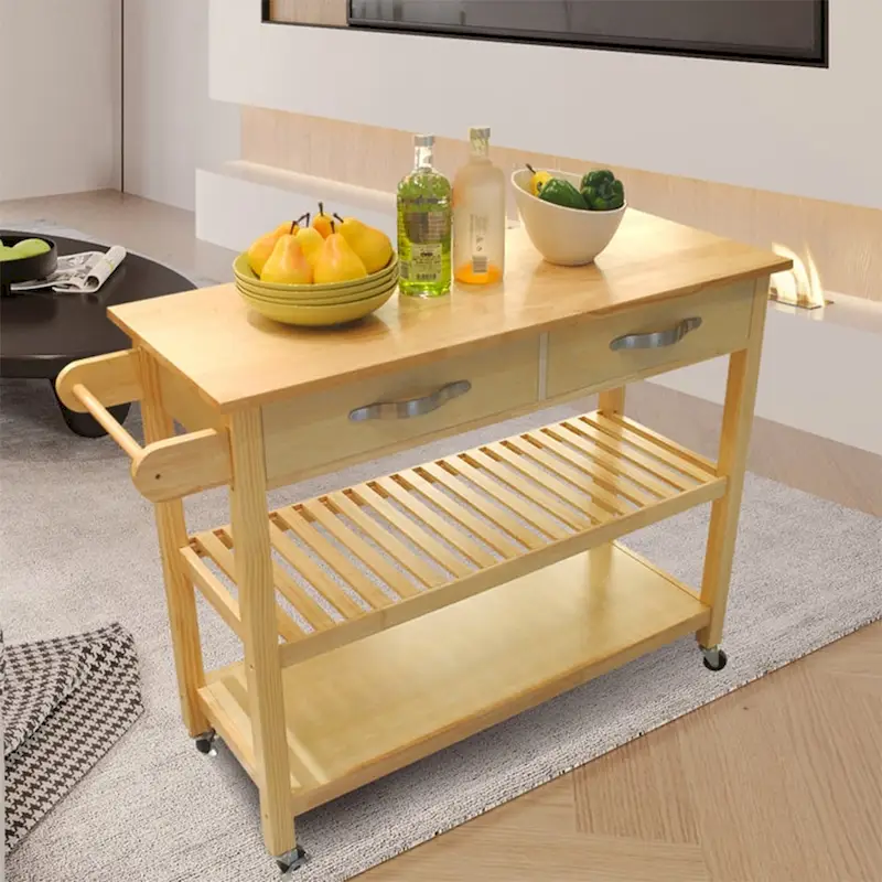 Desserte îlot de cuisine à roulettes, avec 2 tiroirs et étagères ouvertes – 114 x 43 x 89 cm