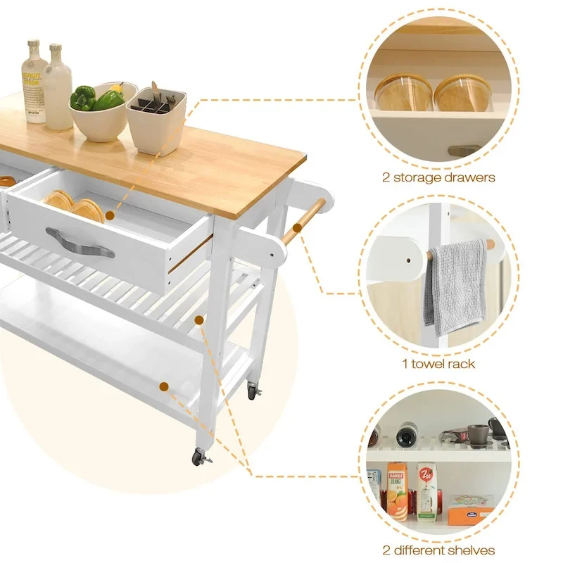 Desserte îlot de cuisine à roulettes, avec 2 tiroirs et étagères ouvertes – 114 x 43 x 89 cm