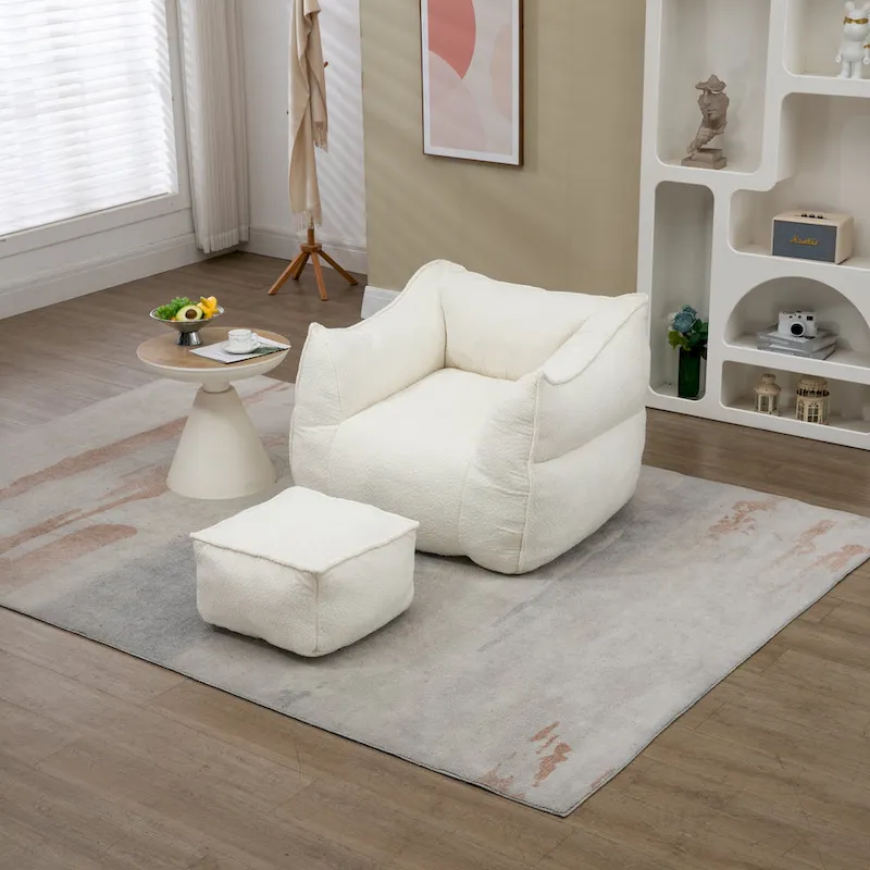 Pouf carré sans accoudoirs en tissu bouclé avec ottoman