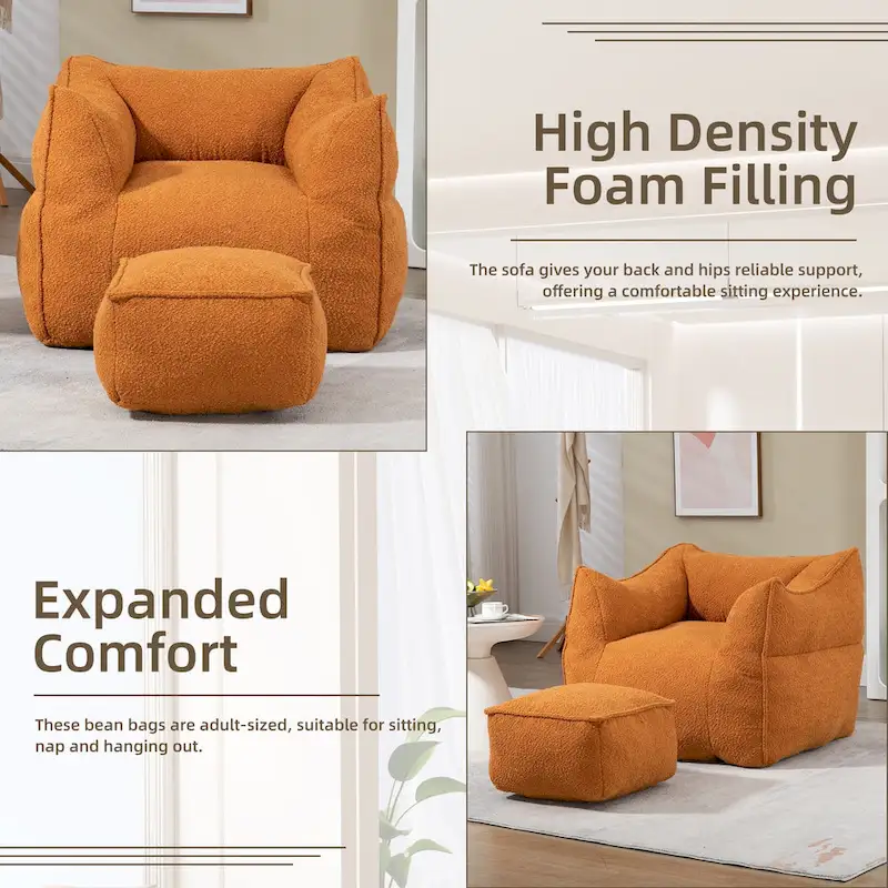 Pouf carré sans accoudoirs en tissu bouclé avec ottoman