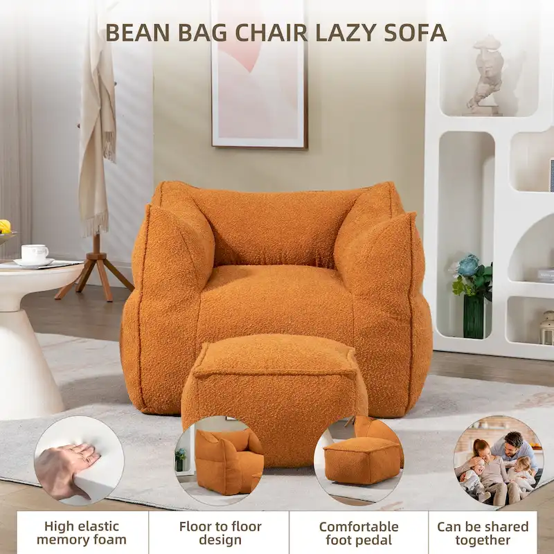 Pouf carré sans accoudoirs en tissu bouclé avec ottoman