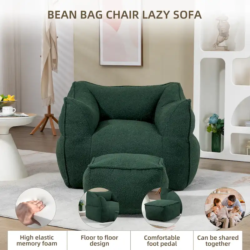 Pouf carré sans accoudoirs en tissu bouclé avec ottoman