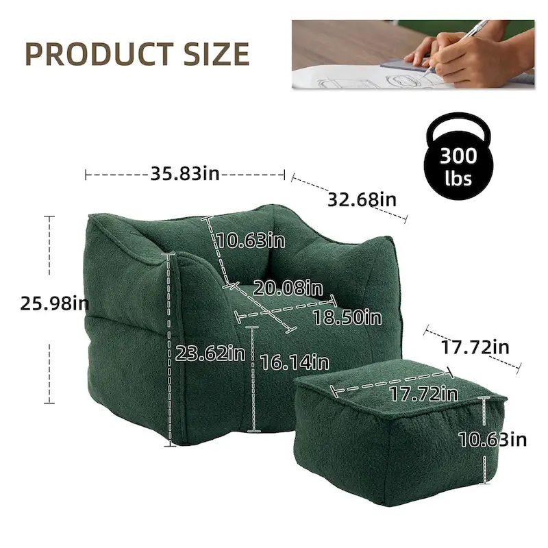 Pouf carré sans accoudoirs en tissu bouclé avec ottoman