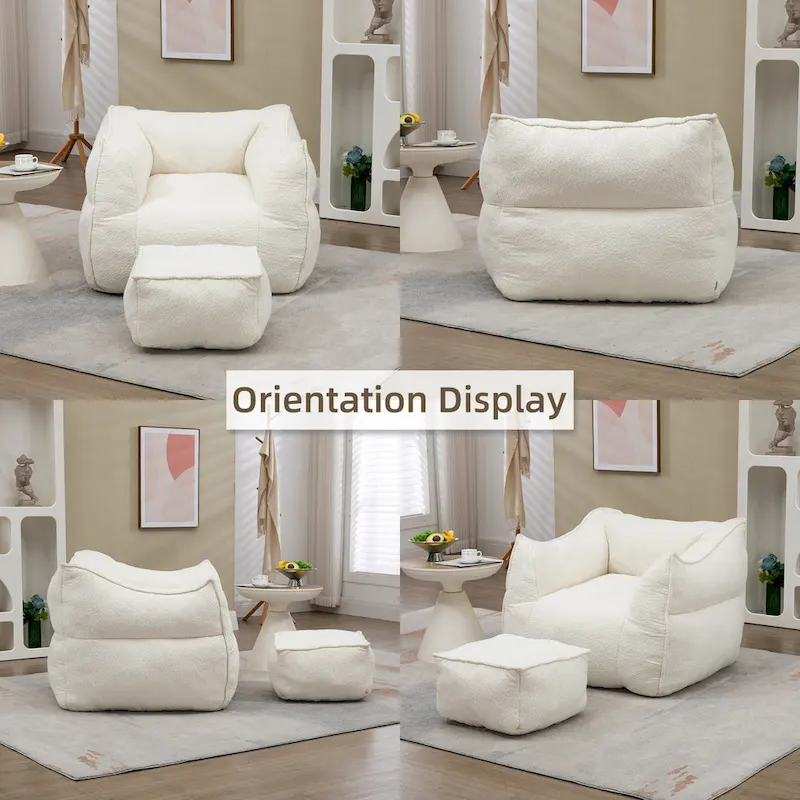 Pouf carré sans accoudoirs en tissu bouclé avec ottoman