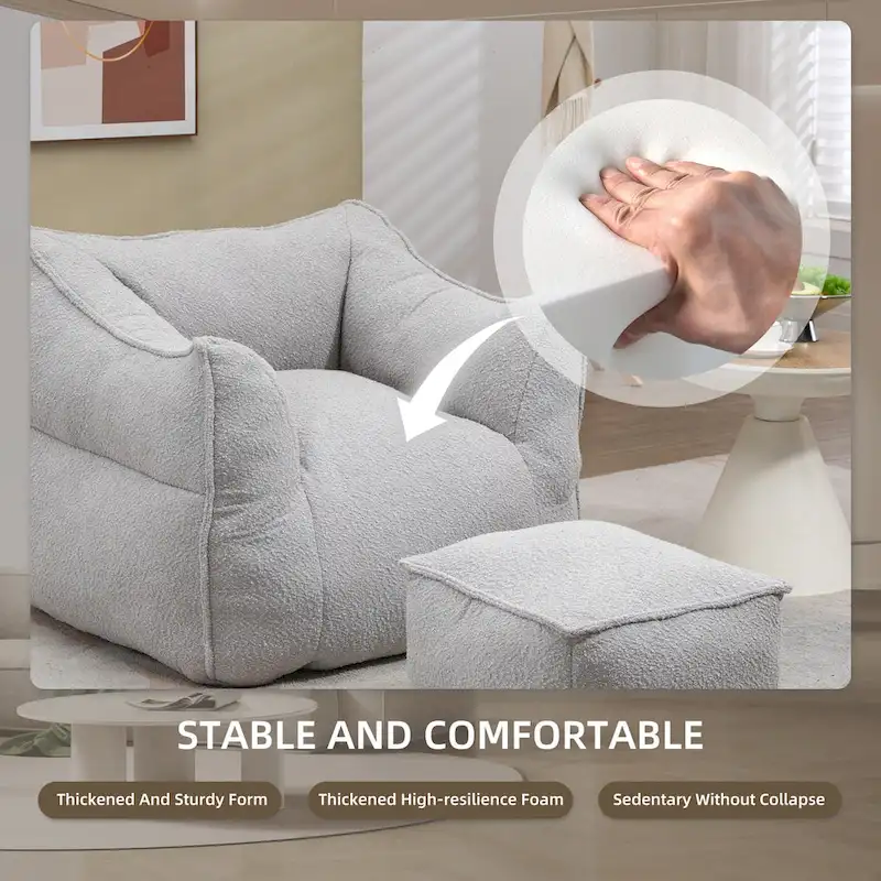 Pouf carré sans accoudoirs en tissu bouclé avec ottoman