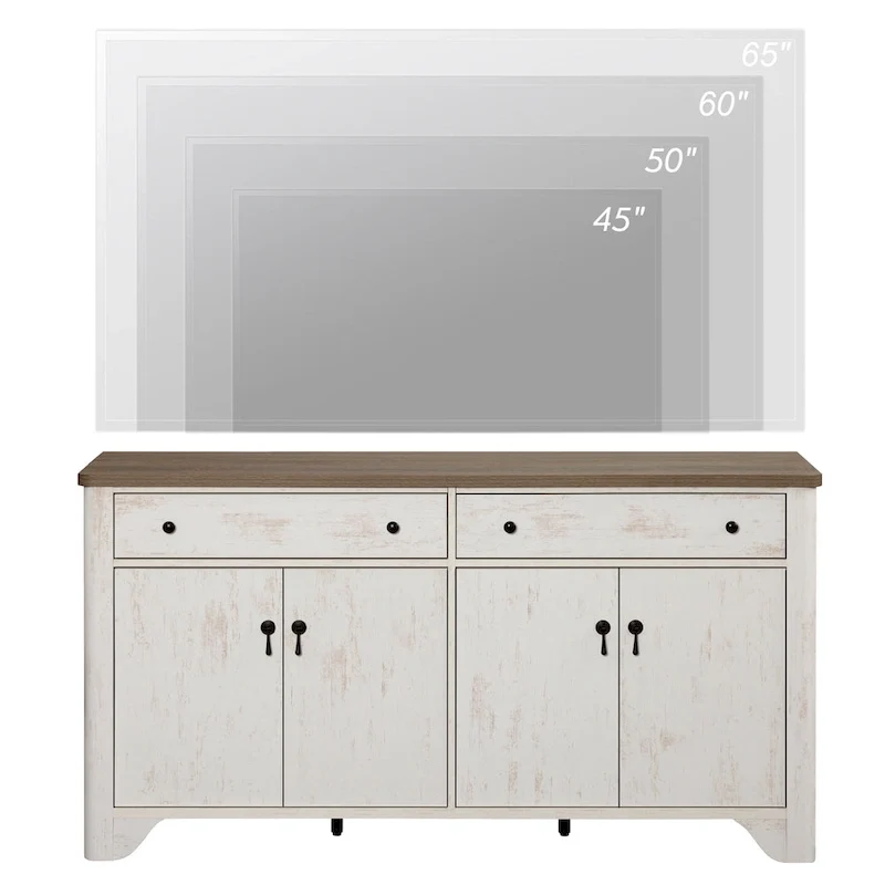 Meuble TV de ferme de 150 cm pour téléviseur de 65 pouces, meuble de divertissement en bois avec 2 tiroirs et placards de rangement, étagères réglables