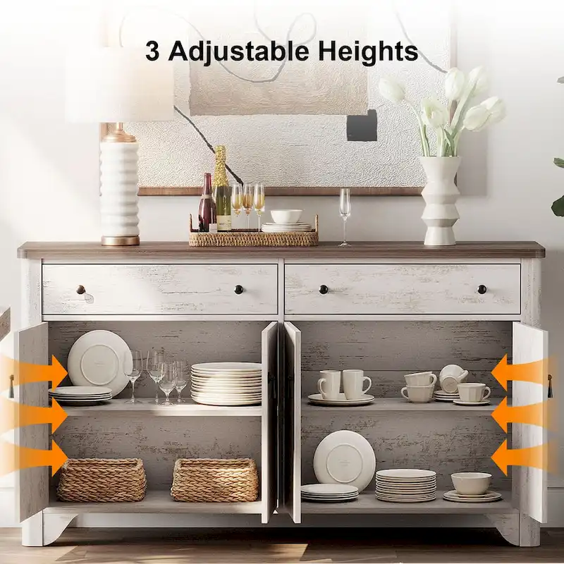 Meuble TV de ferme de 150 cm pour téléviseur de 65 pouces, meuble de divertissement en bois avec 2 tiroirs et placards de rangement, étagères réglables