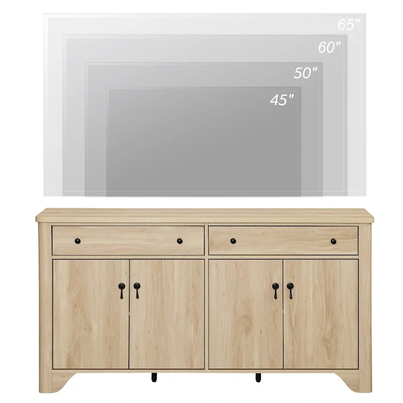 Meuble TV de ferme de 150 cm pour téléviseur de 65 pouces, meuble de divertissement en bois avec 2 tiroirs et placards de rangement, étagères réglables