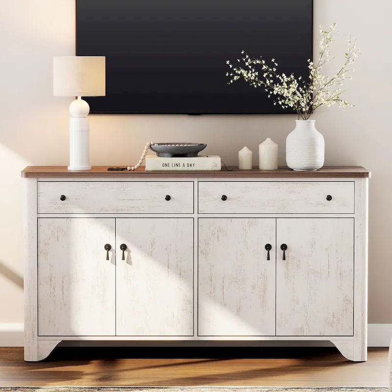 Meuble TV de ferme de 150 cm pour téléviseur de 65 pouces, meuble de divertissement en bois avec 2 tiroirs et placards de rangement, étagères réglables