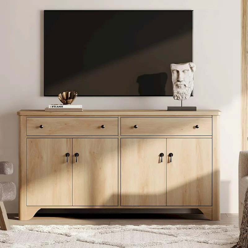 Meuble TV de ferme de 150 cm pour téléviseur de 65 pouces, meuble de divertissement en bois avec 2 tiroirs et placards de rangement, étagères réglables