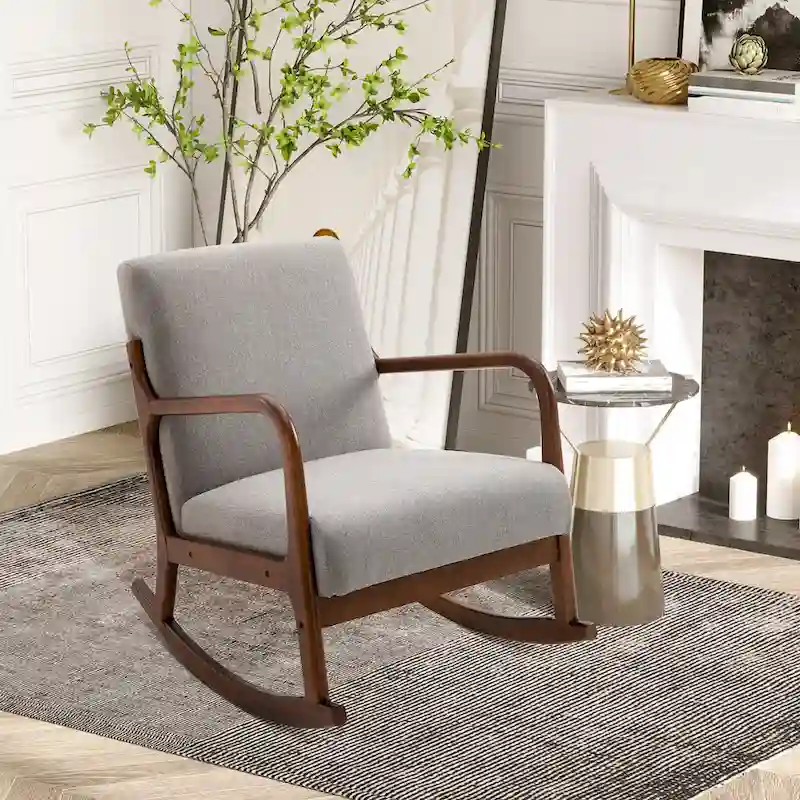 Fauteuil à bascule moderne gris à dossier haut de 64,3 cm avec base en bois massif