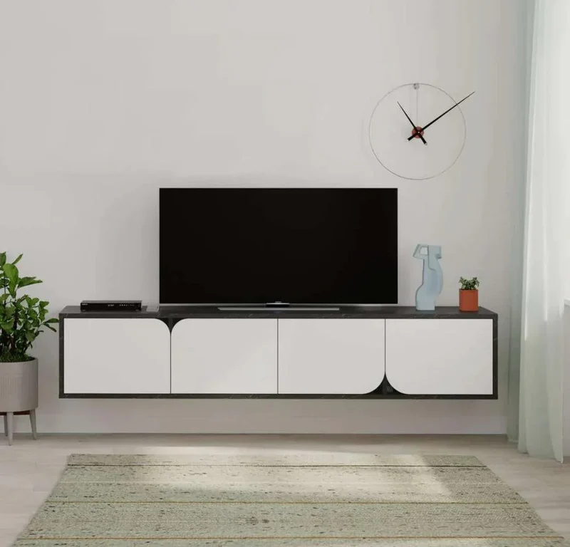 Meuble TV moderne SPARO 180 cm - Design suspendu - Noir et Blanc