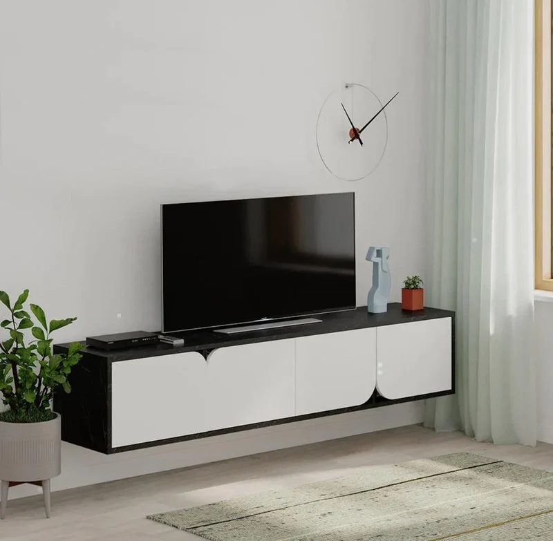 Meuble TV moderne SPARO 180 cm - Design suspendu - Noir et Blanc