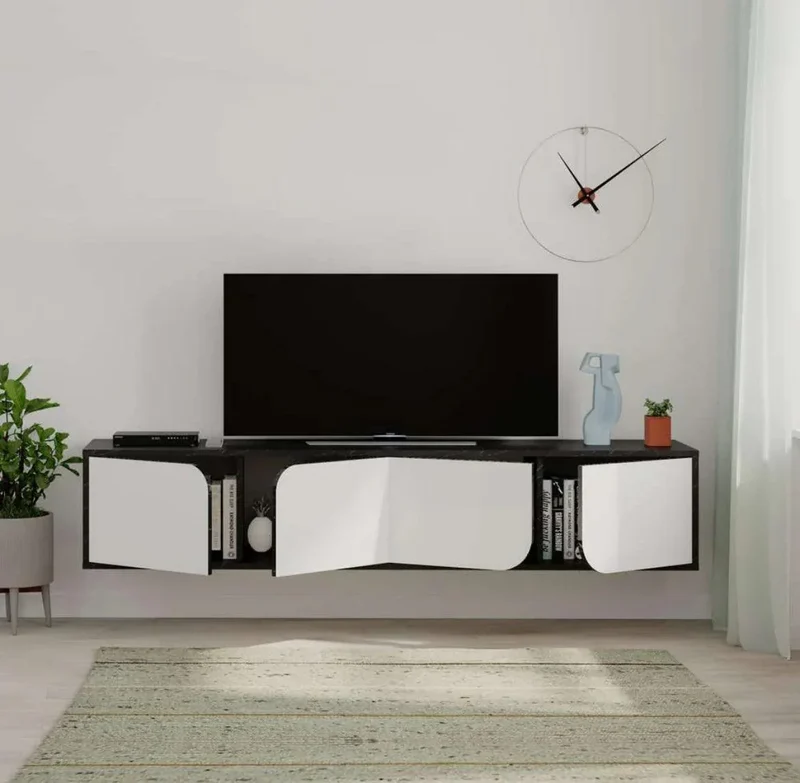Meuble TV moderne SPARO 180 cm - Design suspendu - Noir et Blanc