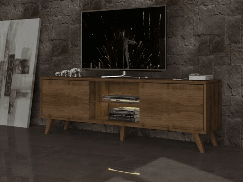 Stand TV PRONTO 150CM Noyer - Meuble TV avec éclairage LED