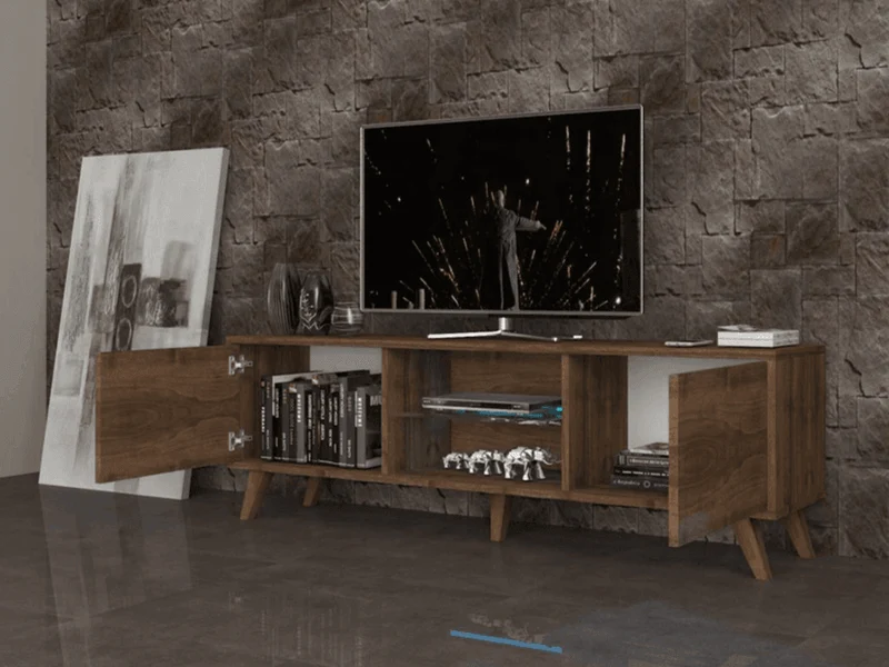 Stand TV PRONTO 150CM Noyer - Meuble TV avec éclairage LED
