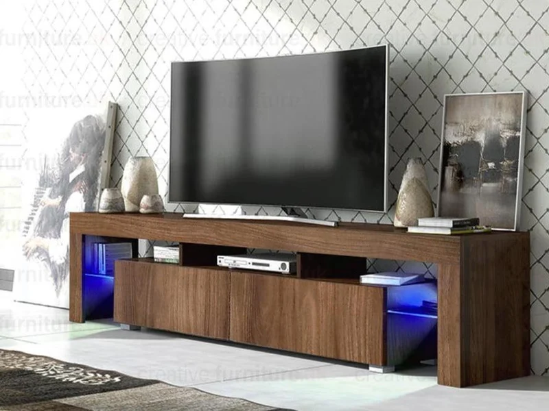 Meuble TV avec éclairage LED 200cm - Effet Noyer