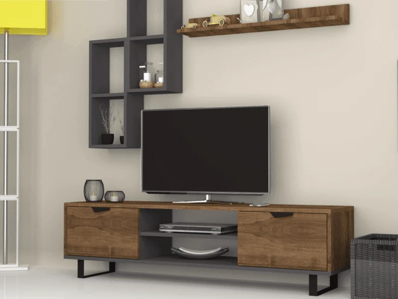 LONSA 160cm - Ensemble de Meuble TV avec Rangement - Noyer et Gris Anthracite