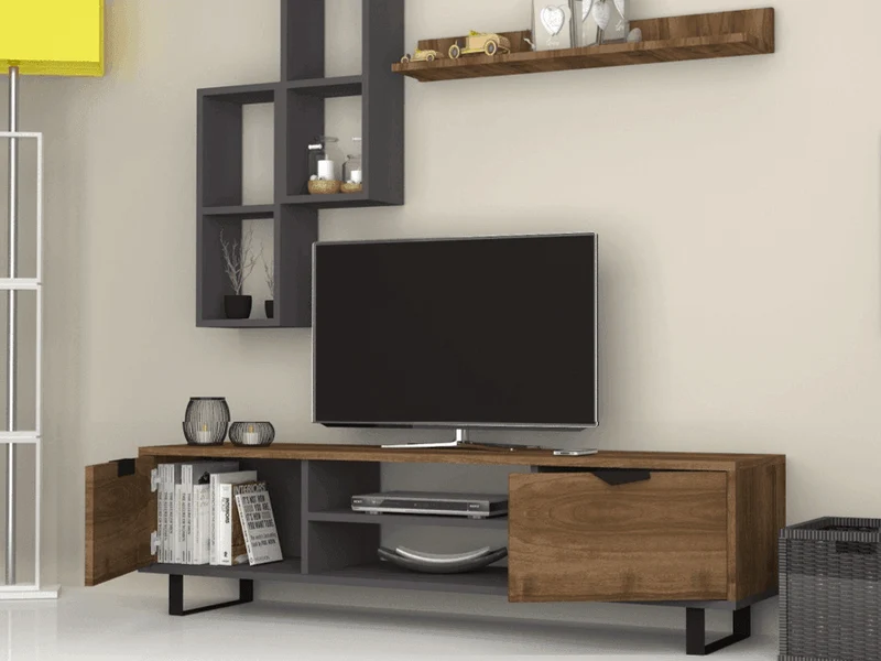 LONSA 160cm - Ensemble de Meuble TV avec Rangement - Noyer et Gris Anthracite