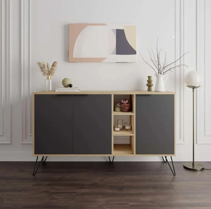 Console SANDY 142 cm - Buffet de rangement - Chêne et gris