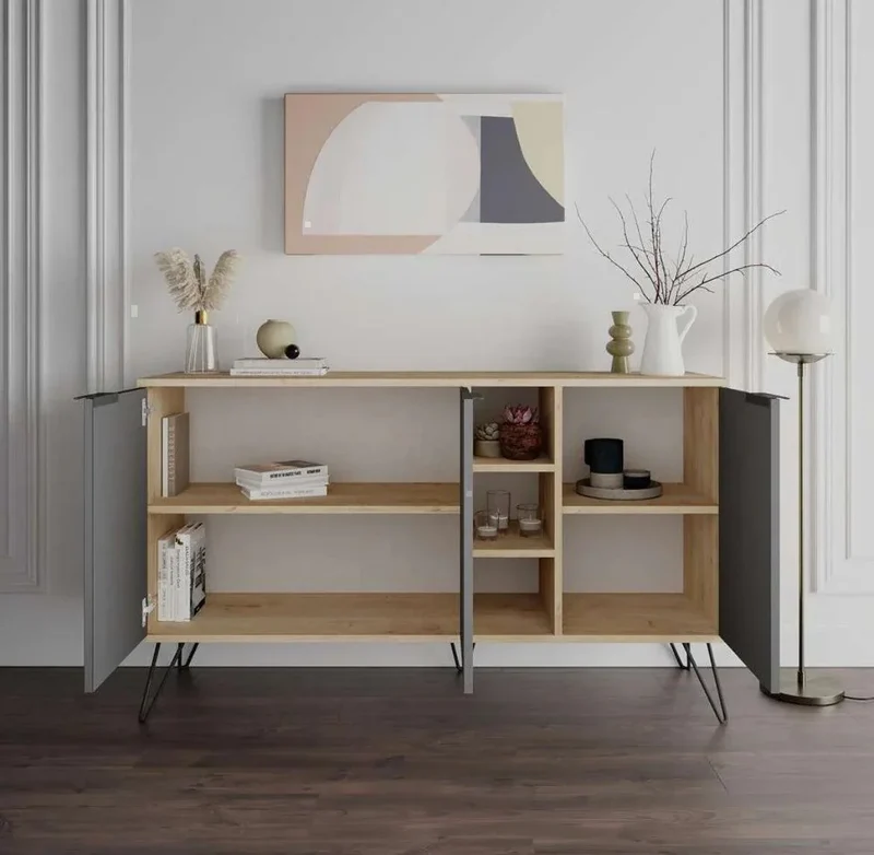 Console SANDY 142 cm - Buffet de rangement - Chêne et gris